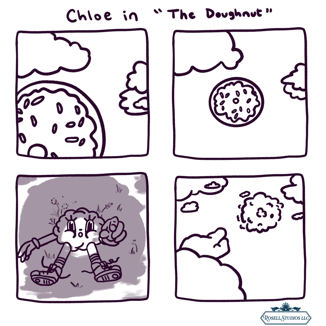 a 4 panel comic strip of a cartoon character looking a doughnut shaped cloud